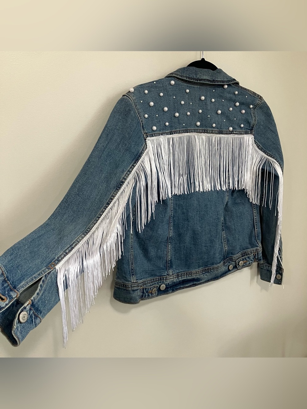 Upcycled Denim Jacket with Fringe and Pearls